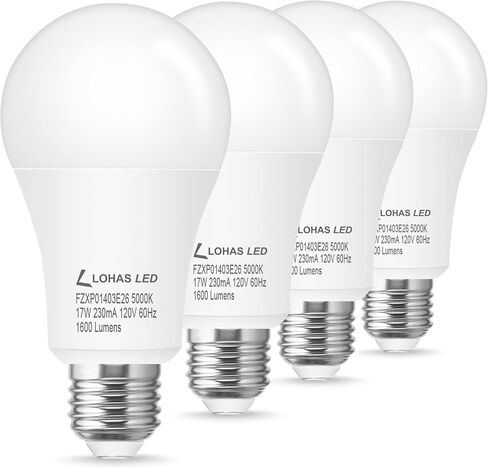 L LOHAS LED A19 مصابيح LED مكافئة 150 وات، 17 وات ضوء النهار الأبيض 5000K مصابيح LED، 1600 لومن لمبة LED موفرة للطاقة (UL مدرجة)، قاعدة متوسطة E26، غير قابلة للتعتيم، 4 عبوات in Saudi Arabia