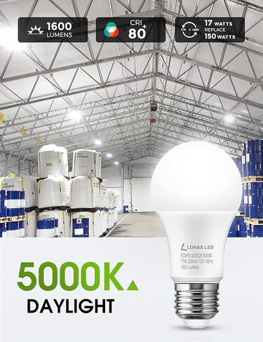 L LOHAS LED A19 مصابيح LED مكافئة 150 وات، 17 وات ضوء النهار الأبيض 5000K مصابيح LED، 1600 لومن لمبة LED موفرة للطاقة (UL مدرجة)، قاعدة متوسطة E26، غير قابلة للتعتيم، 4 عبوات in Saudi Arabia