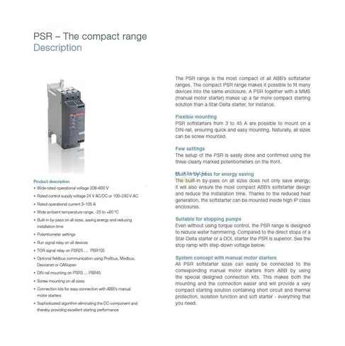 بداية ناعمة مدمجة المدى Softstarter PSR9-600-70 4KW 208-600V تركيب السكك الحديدية 1SFA896105R7000 in Saudi Arabia