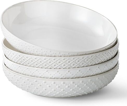 Y YHY 8.5" Pasta Bowls Set of 4, 30 oz Embossed Salad Bowls for Serving Soup, Noodle, Fruit, Dinner, Kitchen Deep Plates, Ceramic Dinnerware Sets, Soft White Dishes for Thanksgiving Day Gifts in Saudi Arabia