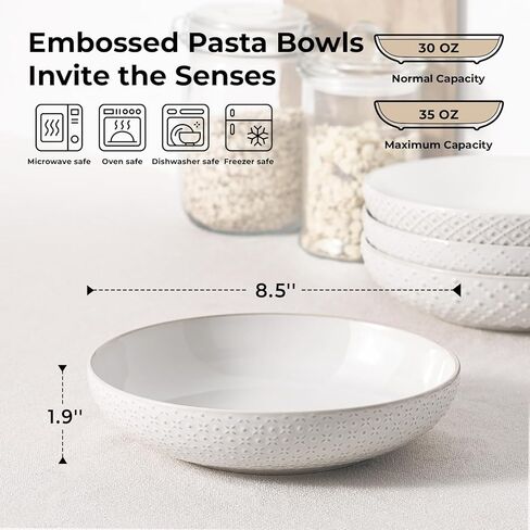 Y YHY 8.5" Pasta Bowls Set of 4, 30 oz Embossed Salad Bowls for Serving Soup, Noodle, Fruit, Dinner, Kitchen Deep Plates, Ceramic Dinnerware Sets, Soft White Dishes for Thanksgiving Day Gifts in Saudi Arabia