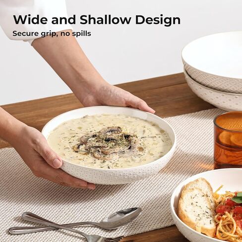 Y YHY 8.5" Pasta Bowls Set of 4, 30 oz Embossed Salad Bowls for Serving Soup, Noodle, Fruit, Dinner, Kitchen Deep Plates, Ceramic Dinnerware Sets, Soft White Dishes for Thanksgiving Day Gifts in Saudi Arabia