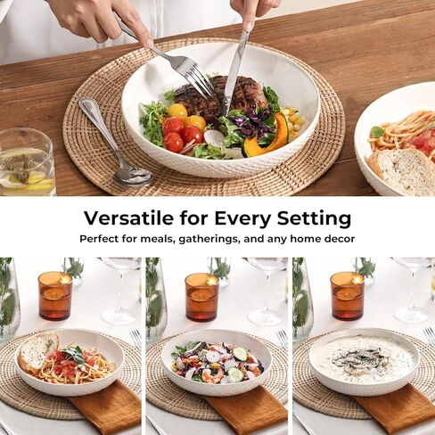 Y YHY 8.5" Pasta Bowls Set of 4, 30 oz Embossed Salad Bowls for Serving Soup, Noodle, Fruit, Dinner, Kitchen Deep Plates, Ceramic Dinnerware Sets, Soft White Dishes for Thanksgiving Day Gifts in Saudi Arabia