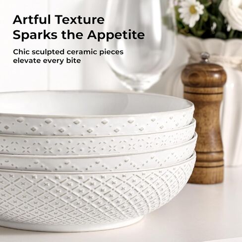 Y YHY 8.5" Pasta Bowls Set of 4, 30 oz Embossed Salad Bowls for Serving Soup, Noodle, Fruit, Dinner, Kitchen Deep Plates, Ceramic Dinnerware Sets, Soft White Dishes for Thanksgiving Day Gifts in Saudi Arabia