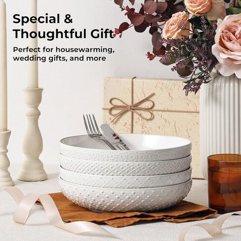 Y YHY 8.5" Pasta Bowls Set of 4, 30 oz Embossed Salad Bowls for Serving Soup, Noodle, Fruit, Dinner, Kitchen Deep Plates, Ceramic Dinnerware Sets, Soft White Dishes for Thanksgiving Day Gifts in Saudi Arabia