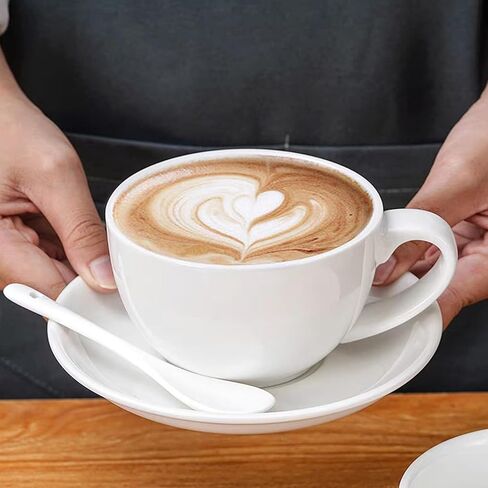 DeeCoo 11 oz White Cappuccino Mug- Large Ceramic Coffee Cup with Saucer - Microwave and Dishwasher Safe, Perfect For Tea, Espresso, Latte - Porcelain Set for Kitchen or Cafe, Baristas, Great Gift in Saudi Arabia