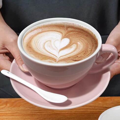 كوب كابتشينو أبيض من DeeCoo سعة 11 أونصة - كوب قهوة سيراميك كبير مع صحن - آمن للاستخدام في الميكروويف وغسالة الأطباق، مثالي للشاي والإسبريسو واللاتيه - مجموعة بورسلين للمطبخ أو المقهى، باريستا، هدية رائعة in Kuwait