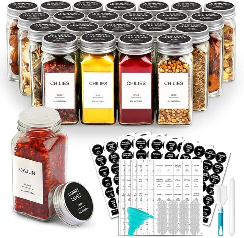 AISIPRIN Spice Jars with Lable, Glass Salt and Pepper Shakers Set, 24 Pcs Spice Botter with Shaker Lids, Ktchen Essentials Seasoning Organizer Containers, Included 398 Lables,Funnel, Brush, Marker in Saudi Arabia