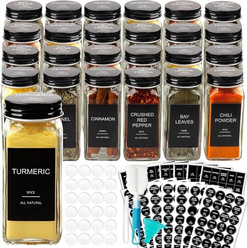 AISIPRIN Spice Jars with Lable, Glass Salt and Pepper Shakers Set, 24 Pcs Spice Botter with Shaker Lids, Ktchen Essentials Seasoning Organizer Containers, Included 398 Lables,Funnel, Brush, Marker in Saudi Arabia