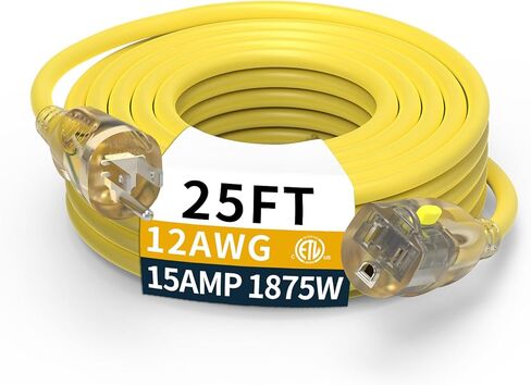 25FT 12/3 Gauge Heavy Duty Outdoor Extension Cord Waterproof, Weatherproof -58°F to 140°F with Lighted Outlet & Press-Release Lock, 15A 1875W 3 Prong, SJTW Electrical Power Cord, ETL Listed (Yellow) in Saudi Arabia