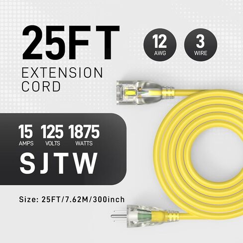 25FT 12/3 Gauge Heavy Duty Outdoor Extension Cord Waterproof, Weatherproof -58°F to 140°F with Lighted Outlet & Press-Release Lock, 15A 1875W 3 Prong, SJTW Electrical Power Cord, ETL Listed (Yellow) in Saudi Arabia