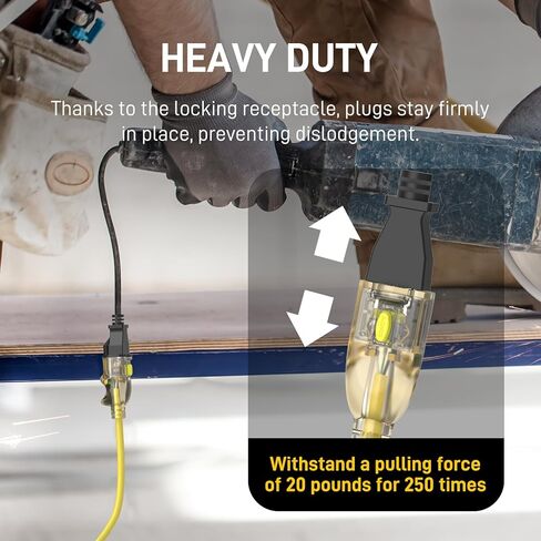 25FT 12/3 Gauge Heavy Duty Outdoor Extension Cord Waterproof, Weatherproof -58°F to 140°F with Lighted Outlet & Press-Release Lock, 15A 1875W 3 Prong, SJTW Electrical Power Cord, ETL Listed (Yellow) in Saudi Arabia