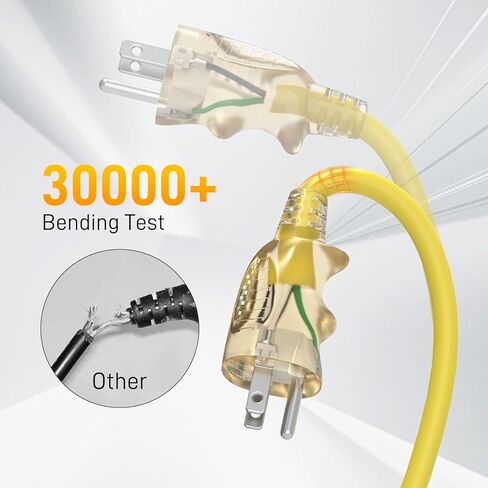 25FT 12/3 Gauge Heavy Duty Outdoor Extension Cord Waterproof, Weatherproof -58°F to 140°F with Lighted Outlet & Press-Release Lock, 15A 1875W 3 Prong, SJTW Electrical Power Cord, ETL Listed (Yellow) in Saudi Arabia