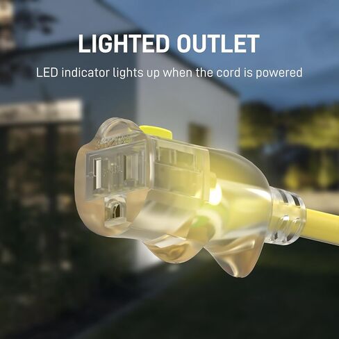 25FT 12/3 Gauge Heavy Duty Outdoor Extension Cord Waterproof, Weatherproof -58°F to 140°F with Lighted Outlet & Press-Release Lock, 15A 1875W 3 Prong, SJTW Electrical Power Cord, ETL Listed (Yellow) in Saudi Arabia