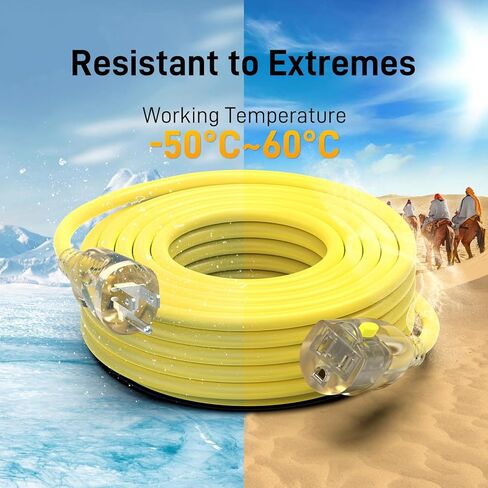 25FT 12/3 Gauge Heavy Duty Outdoor Extension Cord Waterproof, Weatherproof -58°F to 140°F with Lighted Outlet & Press-Release Lock, 15A 1875W 3 Prong, SJTW Electrical Power Cord, ETL Listed (Yellow) in Saudi Arabia