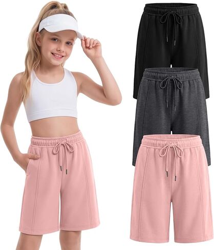 3 Pack Girls' Bermuda Shorts Summer Kids Drawstring Elastic Waist Casual Knee Length Shorts with Pockets 5-14 Years in Saudi Arabia