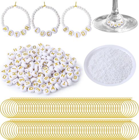 Suncalla 32 Set Personalized Pearl Wine Glass Charms Rings 32 Tone Hoops 300 Letters Beads 1000 White Pearl DIY Wine Glass Markers for Birthday Bridal Shower Party Favors in Saudi Arabia