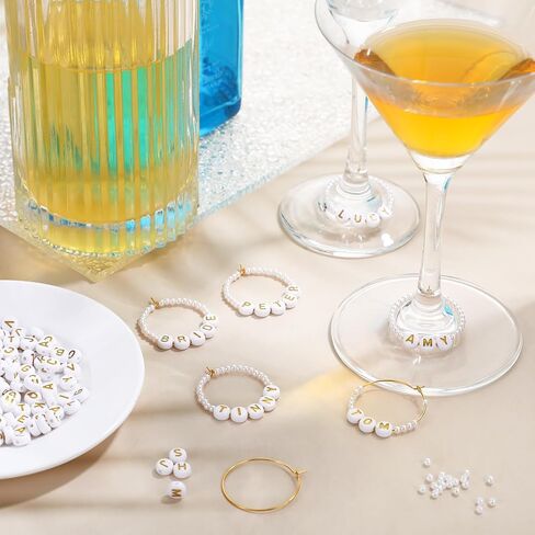 Suncalla 32 Set Personalized Pearl Wine Glass Charms Rings 32 Tone Hoops 300 Letters Beads 1000 White Pearl DIY Wine Glass Markers for Birthday Bridal Shower Party Favors in Saudi Arabia