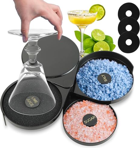 3-Tier Bar Glass Rimmer Bartender Tool, Black with 3 Extra Sponge, Margarita Salt Rimmer Set, Salt Rimmer for Cocktails, 3-Tray Salt Box Spice Container, Bar Cocktail Tool in Saudi Arabia