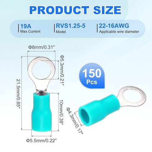 MECCANIXITY 150Pcs Insulated Ring Terminal RVS1.25-5 Battery Lugs 22-16AWG Electrical Crimp Terminals Eyelet Wire Connectors for Industrial, Electrical Wiring, Green in Saudi Arabia