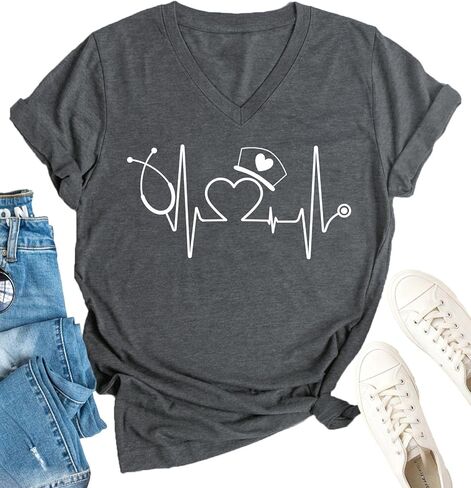 Nurse Shirt for Women Nurses Week Tees Heartbeat Print Vneck Tshirt Medical Tee for Nursing Students Nursing Life Tops in Saudi Arabia