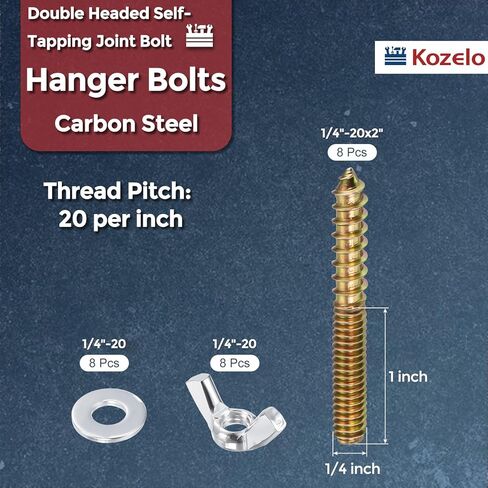 8pcs Hanger Bolts with Flat Washers Wing Nuts - [1/4"-20x2] Double Headed Wood Dowel Self Tapping Screw Assortment Kit for Furniture, Colored Zinc Coating in Saudi Arabia