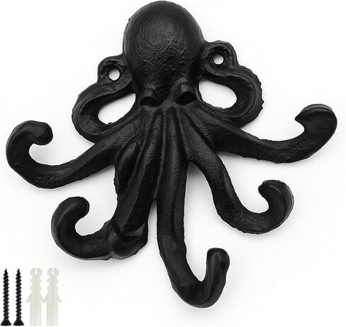 Octopus Cast Iron Wall Hook – Nautical Decorative Key Holder, Coastal Ocean Theme Wall Hanger for Entryway, Bathroom, or Bedroom, Heavy Duty Black Metal Hook in Saudi Arabia