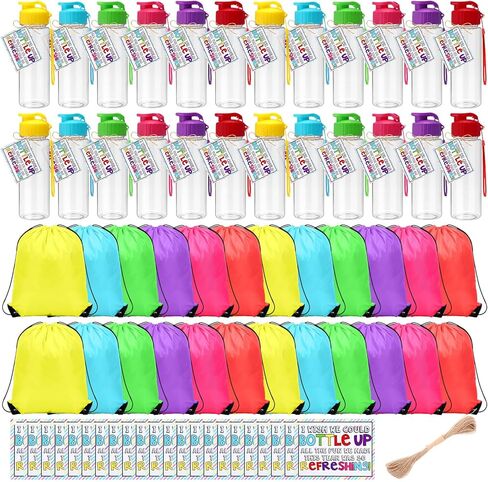 Domensi 48 Pcs End of Year Gifts Water Bottles Bulk and Drawstring Backpack Set with Cards 17oz Plastic Leakproof Drink Bottle Reusable for Summer Graduation Party Favors(Soft Tones,Square Screw-top) in Saudi Arabia