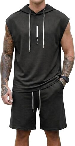 Lexiart Mens Short Sets Hoodie Sleeveless Workout Hooded Sports 2 Pieces Sweatsuit in Saudi Arabia