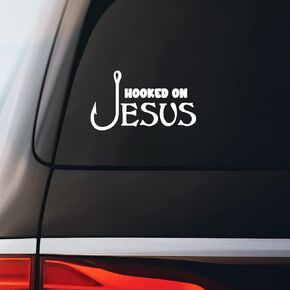 ملصق لاصق مطبوع عليه Hooked On Jesus للكمبيوتر المحمول للسيارة مقاس 5.5 بوصة × 3 بوصة (أبيض) in Kuwait