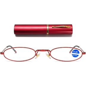 Easy Carry Mini Slim Reading Glasses Blue Light Blocking Oval Metal Portable Readers w/Pen Clip Tube Case in Saudi Arabia