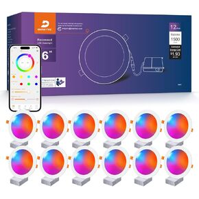 DUSKTEC إضاءة ذكية غائرة 6 بوصة، RGBCW LED ضوء سقف مجوف متوافق مع Alexa، إضاءة سفلية 16 وات 1500 لومن قابلة للتعتيم مع صندوق توصيل لغرفة المعيشة، 12 حزمة in Kuwait