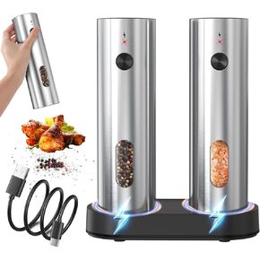Electric Salt and Pepper Grinder Set, Rechargeable Salt and Pepper Grinder Set with USB-C Charging Base, Automatic Pepper Mill 110ml, Adjustable Coarseness, Stainless Steel Salt and Pepper Shakers in Kuwait
