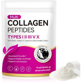 Multi Collagen Peptides Powder | Types I, II, III, V, X | 16 Oz (41 Servings) Hydrolyzed Collagen Peptides | Supports Healthy Skin, Joints, Hair, and Nails | Unflavored & Dissolves Easily in Saudi Arabia