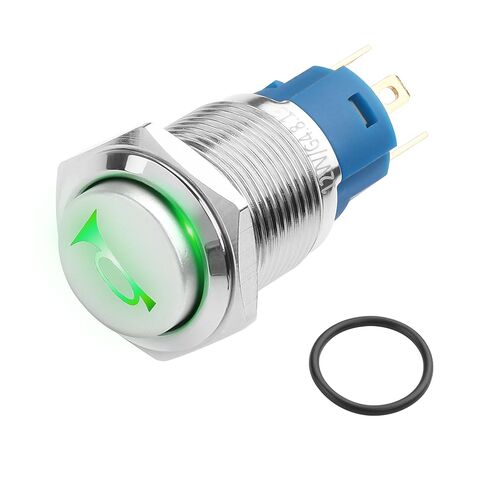 YACSEJAO 12V سيارة القرن لحظة زر التبديل الأخضر LED ضوء تشغيل / إيقاف إعادة تعيين مفتاح IP66 للماء مكبر صوت معدني دراجة نارية زر تبديل الطاقة (19MM) in Saudi Arabia