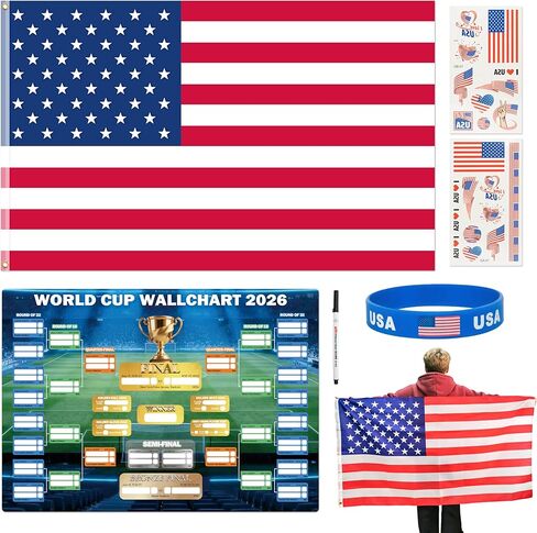 مجموعة مشجعي كرة القدم لكأس العالم 2026 مكونة من 6 قطع، سلع كأس العالم لملحقات المشجعين، العلم، ملصقات الوشم المؤقتة، ملصق السوار والجدول الزمني، مجموعة بسيطة لمشجعي كرة القدم لمشاهدة المباريات (الولايات المتحدة) in Kuwait