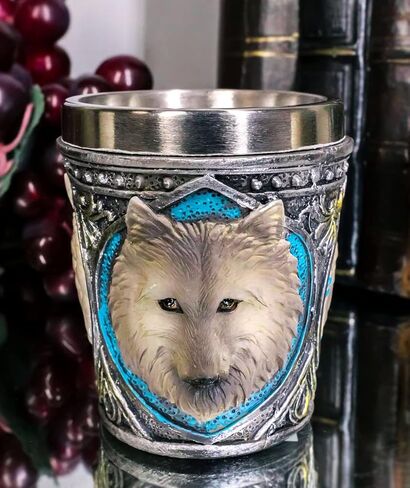 Ebros Full Moon Mythical Animal Spirit Alpha Wolf Themed 2-Ounce Shot Glass Resin Housing With Stainless Steel Liners Wolves or Timberwolves Themed Souvenir And Party Hosting Idea (White Direwolf, 1) in Saudi Arabia