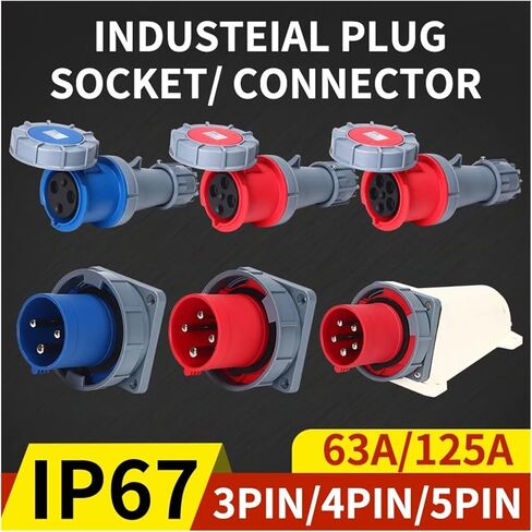 Industrial Plug and Socket 3P/4P/5Pin Electrical Connector 63A 125A IP67waterproof Wall Mounted Male Female 220V 380V(Panel mounted,125A-3P) in Saudi Arabia