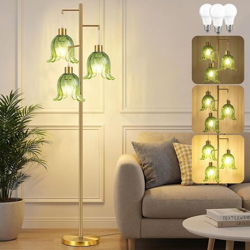 Floor Lamp for Living Room, 3 Lights Green Flower Lamp, Modern Tall Standing Lamp with 3 Color Temperatures Flexible Gooseneck, Mid Century Vintage Tree Floor Lamp for Bedroom Office in Saudi Arabia