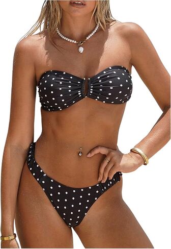 GORGLITTER Women's Polka Dots Bikini Sets Strapless High Cut Thong Bandeau Cheeky 2026 Beach Swimsuits Bathing Suit in Saudi Arabia