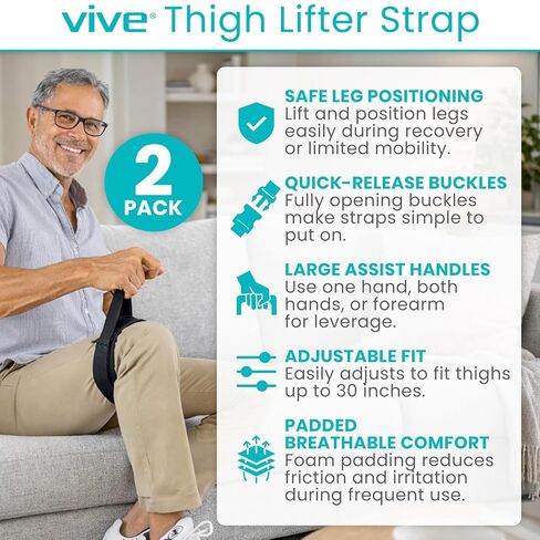 Vive Thigh Lifter Strap - Pull Up Assistance Band - Medical Equipment With Padded Wrist Tool For Leg Movement - Transfer Device For Limited Mobility - Knee Recovery - For Elderly, Senior And Disabled in Saudi Arabia