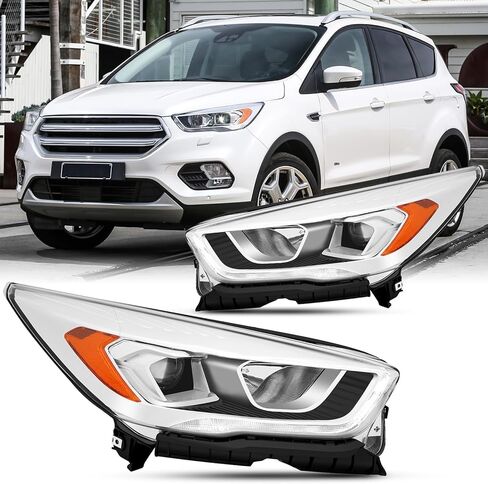 2PCS Headlights Assembly With Bulbs For 2017 2018 2019 Ford Escape(Kuga) S SE SEL Titanium Halogen With LED Daytime running light Replacement Headlamps Chrome Housing Amber Corner FO2502351 FO2503351 in Saudi Arabia