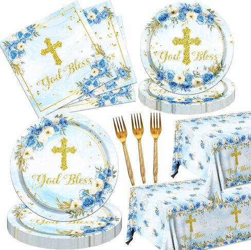 God Bless Plates and Napkins Baptism First Holy Communion Party Tableware Decorations for Boy Christening Ceremony Newborn Theme Disposable Plates,Tablecloth,Napkins and Forks in Saudi Arabia