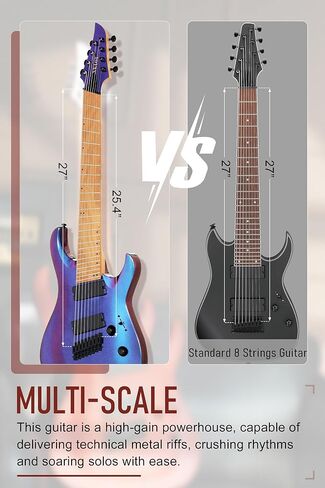 AKLOT Multi-Scale 8-String Electric Guitar: Roasted Maple Neck with String-Through Bridge Electric Guitars Kit with Okoume Body, HH Pickup, Gig Bag, Strap, String Mute, Distortion Pedal, XRN-8 TB in Saudi Arabia