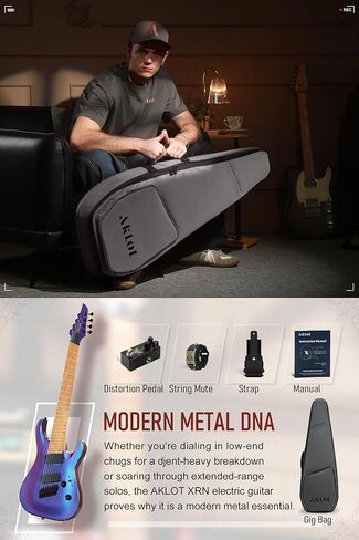 AKLOT Multi-Scale 8-String Electric Guitar: Roasted Maple Neck with String-Through Bridge Electric Guitars Kit with Okoume Body, HH Pickup, Gig Bag, Strap, String Mute, Distortion Pedal, XRN-8 TB in Saudi Arabia