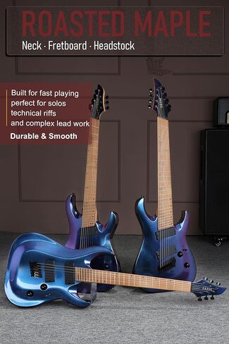AKLOT Multi-Scale 8-String Electric Guitar: Roasted Maple Neck with String-Through Bridge Electric Guitars Kit with Okoume Body, HH Pickup, Gig Bag, Strap, String Mute, Distortion Pedal, XRN-8 TB in Saudi Arabia