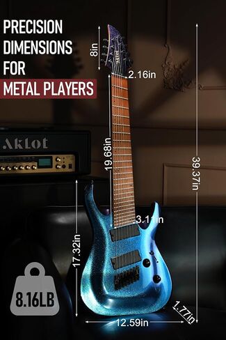 AKLOT Multi-Scale 8-String Electric Guitar: Roasted Maple Neck with String-Through Bridge Electric Guitars Kit with Okoume Body, HH Pickup, Gig Bag, Strap, String Mute, Distortion Pedal, XRN-8 TB in Saudi Arabia