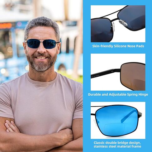 2pcs Bifocal Reading Sunglasses for Men Mirror Blue Silver Lenses Stainless Steel Frame Bi-focal Mens Sun Readers in Saudi Arabia