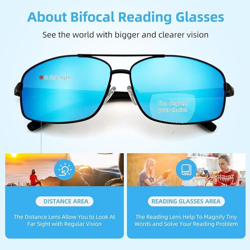 2pcs Bifocal Reading Sunglasses for Men Mirror Blue Silver Lenses Stainless Steel Frame Bi-focal Mens Sun Readers in Saudi Arabia