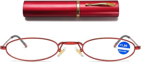 Easy Carry Mini Slim Reading Glasses Blue Light Blocking Oval Metal Portable Readers w/Pen Clip Tube Case in Saudi Arabia